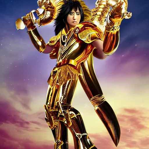 Image similar to A radiant, extreme long shot, photo of a 27-year-old Mexican male wearing the Scorpio Gold Armor, Beautiful gold Saint, Jaw-Dropping Beauty, gracious, aesthetically pleasing, dramatic eyes, intense stare, immense cosmic aura, from Knights of the Zodiac Saint Seiya, inside the Old Temple of Athena Greece,4k high resolution, Detailed photo, attention to detail, hyper detailed, ultra detailed, octane render, arnold render, Photoshopped, Award Winning Photo, groundbreaking, Deep depth of field, f/22, 35mm, make all elements sharp, at golden hour, Light Academia aesthetic, Socialist realism, by Annie Leibovitz