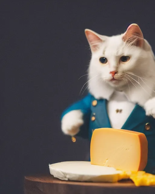 Prompt: high quality presentation photo of a cute model cat dressed as napoleon holding a piece of cheese, photography 4k, f1.8 anamorphic, bokeh, 4k, Canon, Nikon