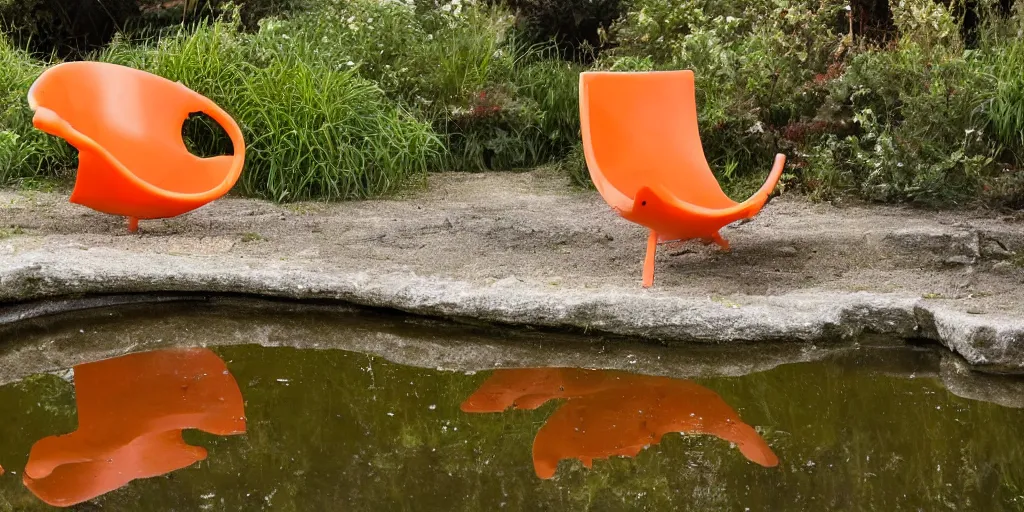 Prompt: plastic orange chair in the pond