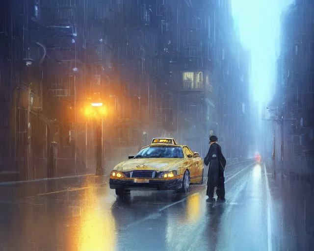 Prompt: one single taxi cab driving down a rainy country road, gaslight, street lamps. Anime, By Makoto Shinkai, Stanley Artgerm Lau, WLOP, Rossdraws, James Jean, Andrei Riabovitchev, Marc Simonetti, krenz cushart, Sakimichan, trending on ArtStation, digital art.