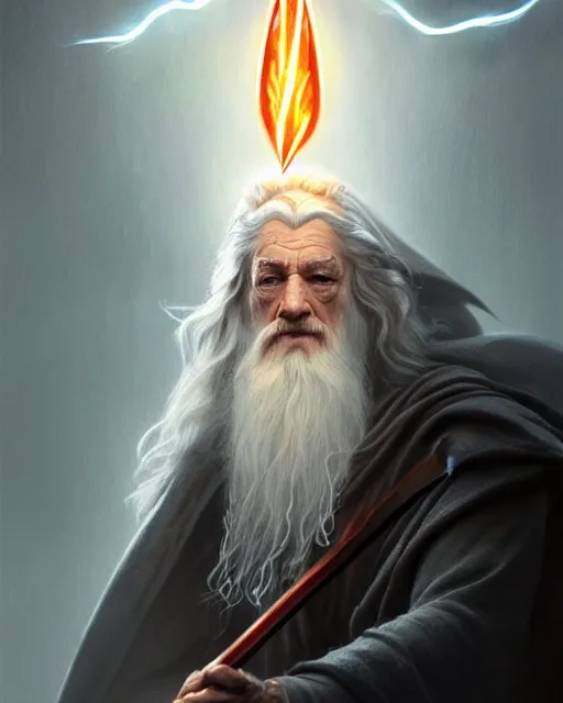 Image similar to Gandalf the grey casting a lightning fork spell, crimson led, glowing, D&D, fantasy, intricate, elegant, highly detailed, digital painting, artstation, concept art, matte, sharp focus, illustration, hearthstone, art by Artgerm and Greg Rutkowski and Alphonse Mucha