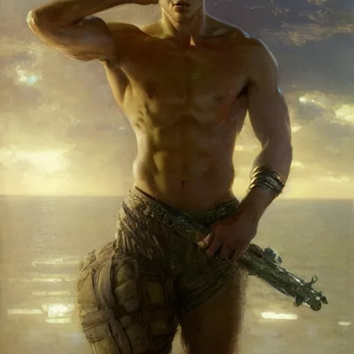 Prompt: handsome portrait of a young guy fitness posing, war hero, cunning, radiant light, caustics, reflective water, by gaston bussiere, bayard wu, greg rutkowski, giger, maxim verehin