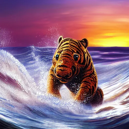 Image similar to a closeup photorealistic photograph of a smiling cute knitted tiger hippopotamus riding a large wave during sunset. surf in the background. professional capture. brightly lit scene. this 4 k hd image is trending on artstation, featured on behance, well - rendered, extra crisp, features intricate detail, epic composition and the style of unreal engine.