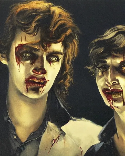 Prompt: two handsome but sinister young men in layers of fear, with haunted eyes and wild hair, something terrifying is happening behind them, 1 9 7 0 s, seventies, wallpaper, a little blood, moonlight showing injuries, delicate embellishments, painterly, offset printing technique, by brom, robert henri, walter popp