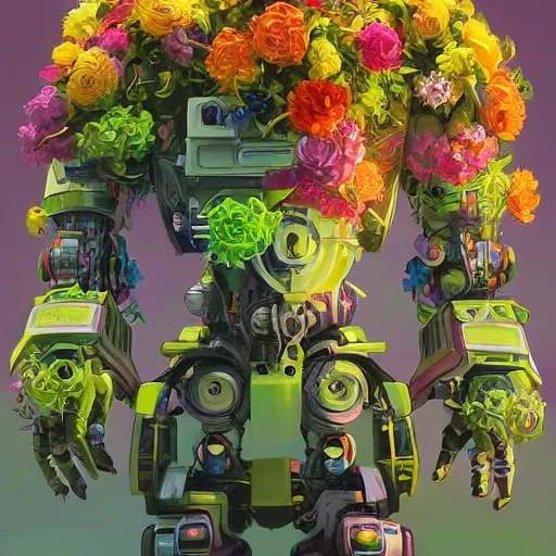 Prompt: colourful vfx art - portrait of army mecha robot wrapped in flowers & vines, art by hsiao - ron cheng & james jean, volumetric light, ray tracing, sharp, detailed, digital painting, illustration, highly detailed, intricate detail, unreal engine, octane render, pinterest, behance, art station,