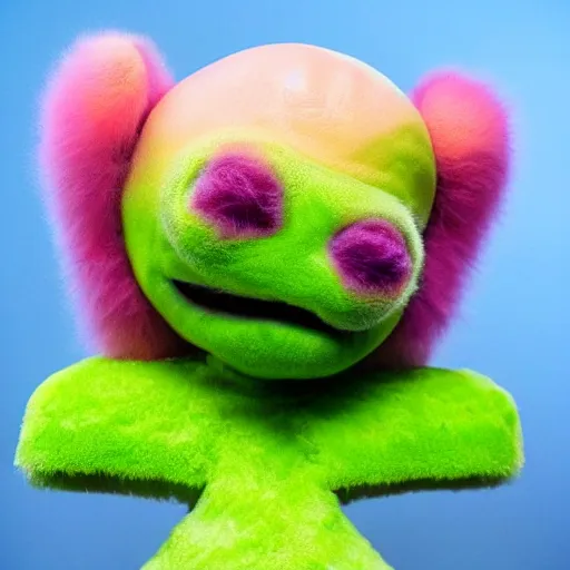 Image similar to an alien with a face that looks like a fuzzy peach the peach is fuzzy pink warm and ripe the alien has horns and a mean smile, 4k, highly detailed, high quality, amazing, high particle effects, glowing, majestic, soft lighting