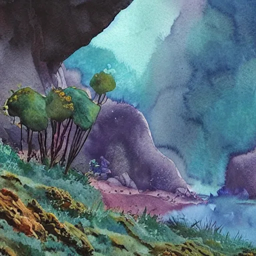 Prompt: stunning lush natural scene on another planet, with weird vegetation, cliffs and colour. beautiful light. soft colour scheme. beautiful artistic detailed watercolor by lurid. ( 2 0 2 2 )