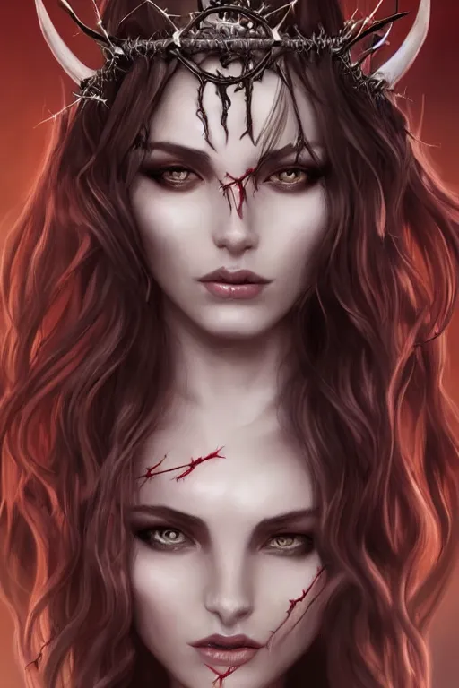 Image similar to Portrait of beautiful pale succubus maiden with crown of thorns, and devil's horns, digital art by Artgerm, highly detailed, trending on artstation, award winning,