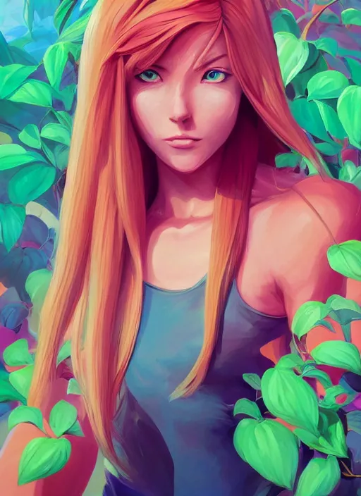 Image similar to symmetry!! samus surrounded by colorful plants, upper body face shot, long straight blonde hair, visible face : : portrait, painting, splash, jesper ejsing, by rhads, makoto shinkai and lois van baarle, ilya kuvshinov, ross tran, borderlands artworks in 4 k