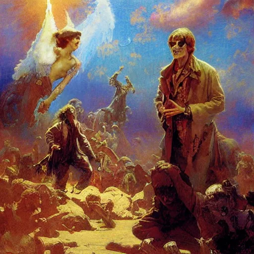 Prompt: john lennon and george harrison as zombies in heaven by gaston bussiere, craig mullins, j. c. leyendecker