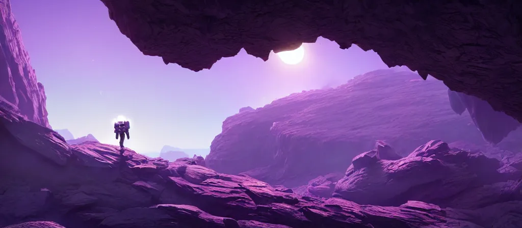 Image similar to one astronaut on purple [ [ [ crystal ] ] ] caves, beautiful dynamic lighting, cinematic, wide angle establishing shot, extremely high detail, photo realistic, cinematic lighting, post processed, concept art, artstation, matte painting, style by frederic church, raphael lacoste, unreal engine 8 k, roger deakins