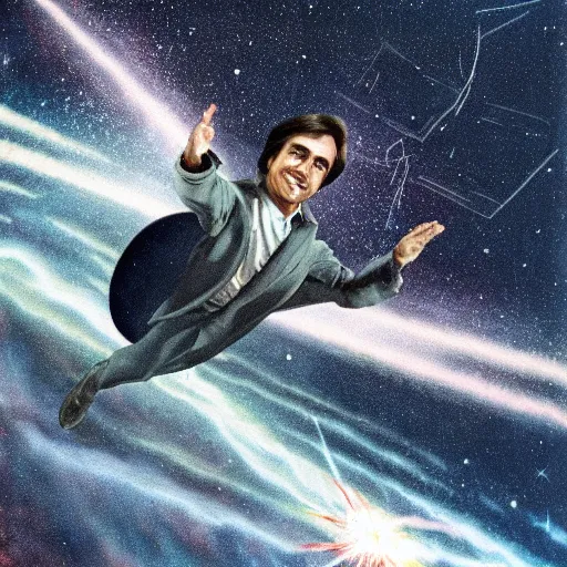 Prompt: Carl Sagan riding a meteor in high speed across the universe.