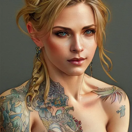 Image similar to ultra realistic illustration, a hot and beautiful tattooed blonde slavic woman in her 3 0's, intricate, elegant, highly detailed, digital painting, artstation, concept art, smooth, sharp focus, illustration, art by artgerm and greg rutkowski and alphonse mucha