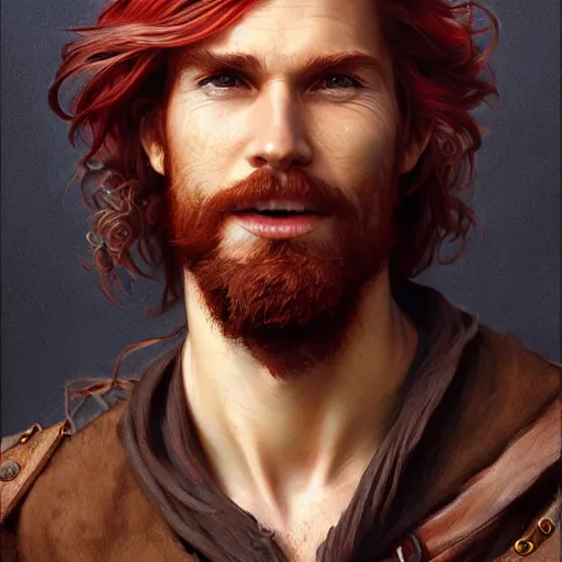 Image similar to portrait of a young ruggedly handsome but joyful pirate, male, masculine, upper body, crimson hair, long hair, d & d, fantasy, smirk, intricate, elegant, highly detailed, digital painting, artstation, concept art, matte, sharp focus, illustration, art by artgerm and greg rutkowski and alphonse mucha