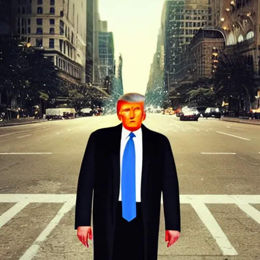 Image similar to “Very photorealistic photo of Donald Trump standing in the middle of Fifth Avenue with a gun, atmospheric lighting, award-winning details”