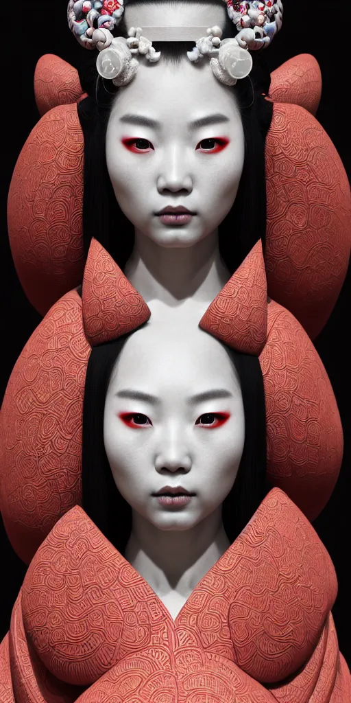 Image similar to hyperrealistic detailed image of a geisha in a art installation room, hd smooth interior by yayoi kusama, part by kei mieno, part by ross tran, dark art by james jean, ultra realistic, highly detailed, life like face, detailed body, 8 k, 3 d render by roger magrini, masterpiece