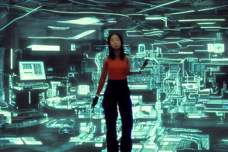 Image similar to cyborg - chika fujiwara in cyberspace, in 2 0 5 5, y 2 k cybercore, industrial low - light photography, still from a ridley scott movie