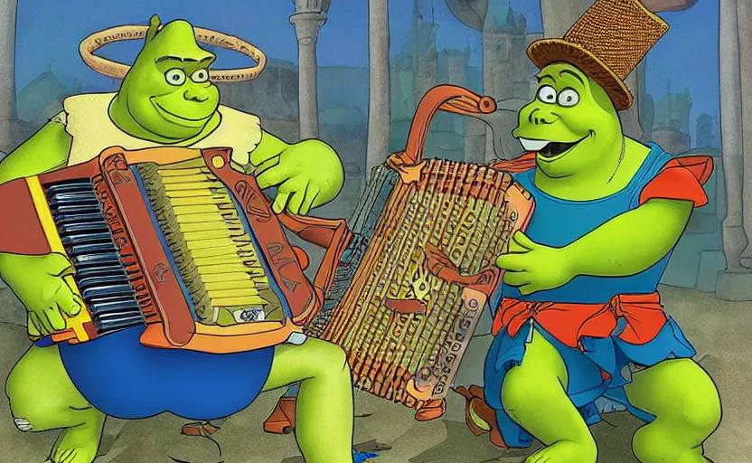 Image similar to shrek competes with spongebob in an accordion contest, highly details, by moebius, digital painting