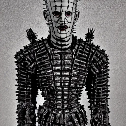 Image similar to hellraiser movie, pinhead figure, 8 k, b & w,