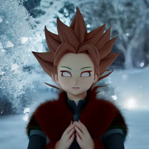 Image similar to portrait focus of ( ( angry ) ) super saiyan beautiful 3 d anime girl posing, frozen ice dark forest background, snowing, bokeh, inspired by masami kurumada, octane render, volumetric lighting