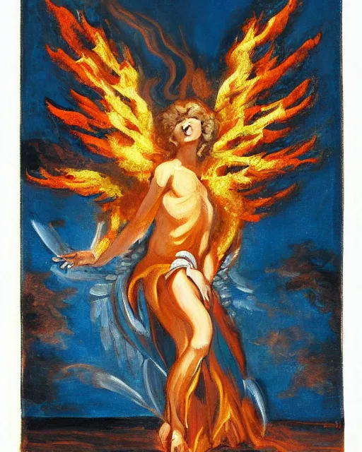 Image similar to a painting of an angel burning it’s wings. In the style of James a Jean.