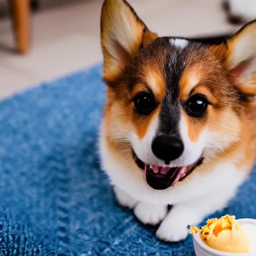 Prompt: a cute corgi puppy eating icecream, Sigma 85mm f/1.4