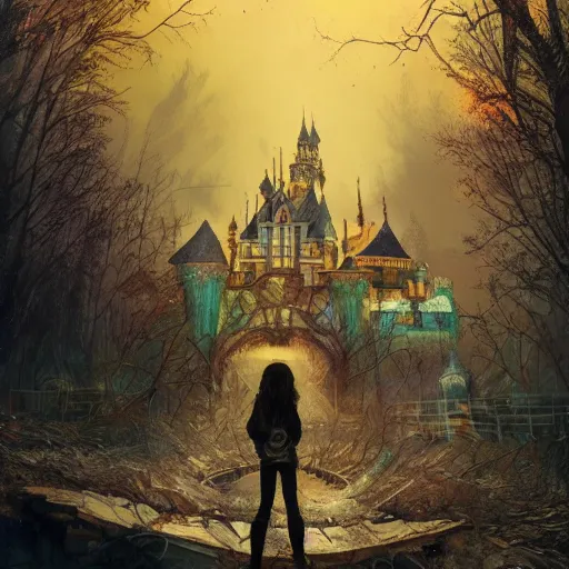 Image similar to a girl in chernobyl disneyland, disneyland castle, wasteland, forest fires light, digital illustration, by android jones and greg rutkowski, dark cloudy skies, detailed, cinematic lighting, wide angle action dynamic portrait