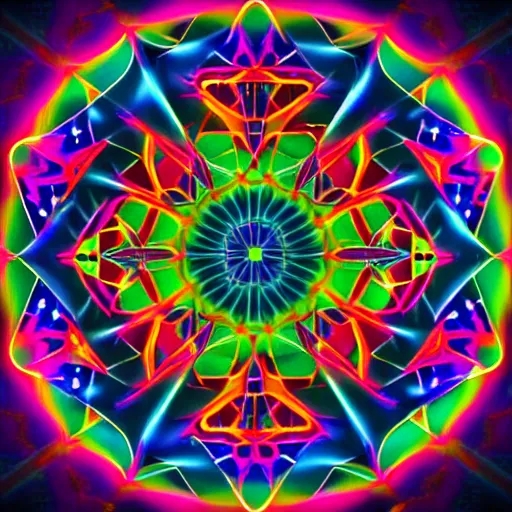 Prompt: a photo of a distant nebular in space with geometric kaleidoscopic pattern of neon colors trending 4 k intricate digital art