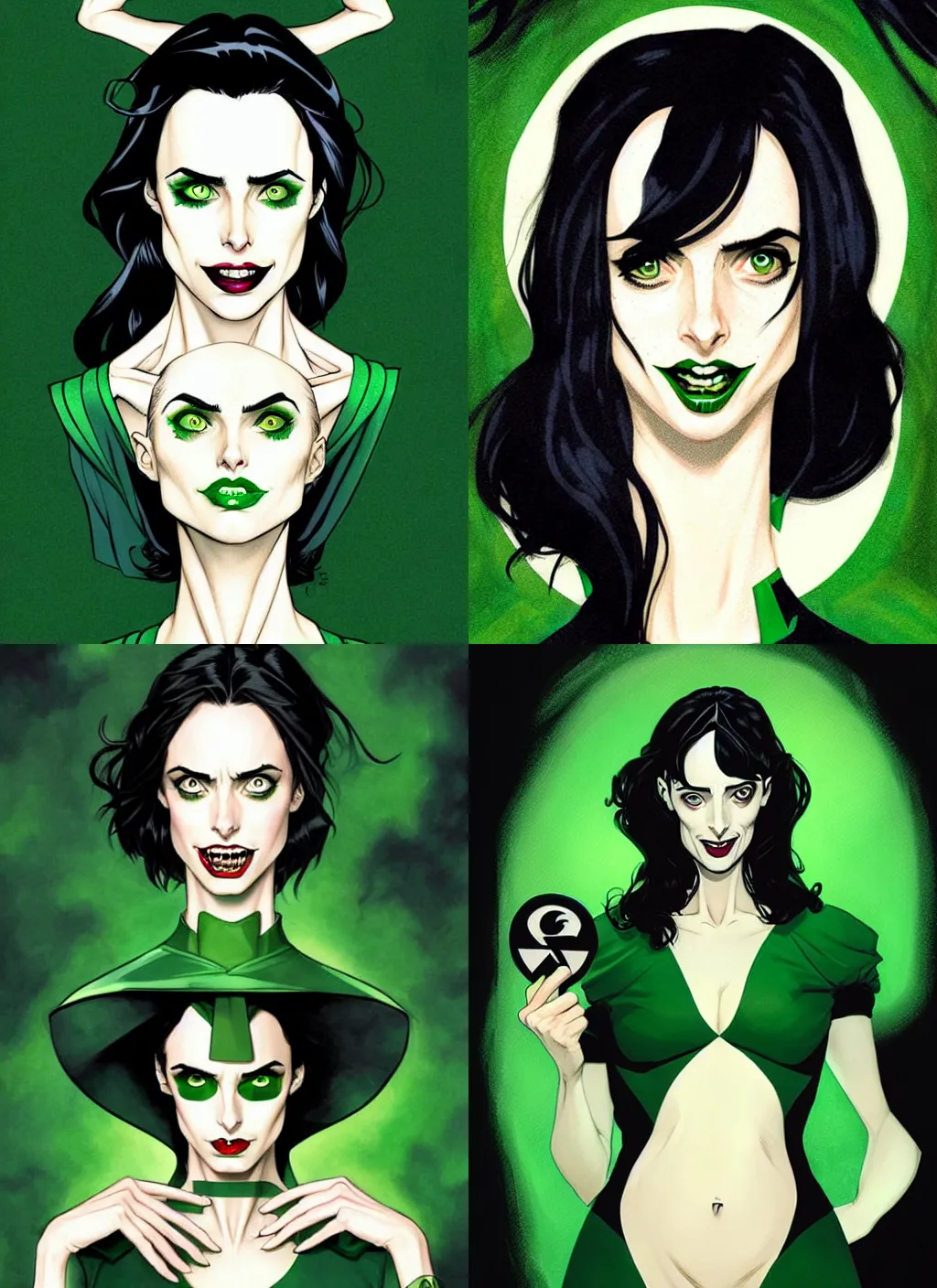 Prompt: Female witch Krysten Ritter, style of Joshua Middleton comic book art Nick Dragotta comic art, black and green eyes, symmetrical face, symmetrical eyes, scary smile, full body, dark green dress