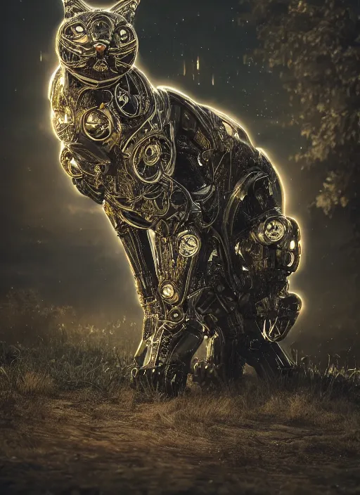 Image similar to giant cyborg cat on a dusky land, cinematic shot, intricate, ornate, photorealistic, ultra detailed, trending artstaition, realistic, 1 0 0 mm, photography, octane, high definition, depth of field, bokeh, 8 k