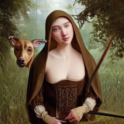 Image similar to A masterpiece ultrarealistic ultradetailed portrait of a Incredibly beautiful maid baroque renaissance swamp nun girl with darth vaider head hunting on deer with russian greyhound medium shot, intricate, elegant, highly detailed. trending on artstation, digital art, by Stanley Artgerm Lau, WLOP, Rossdraws, James Jean, Andrei Riabovitchev, Marc Simonetti, Yoshitaka Amano. background by James Jean and Gustav Klimt, light by Julie Bell, 4k, porcelain skin.