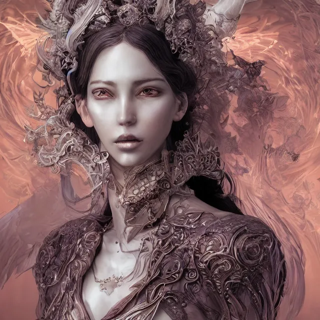 Prompt: the portrait of the lawful evil sorceress archetype personified as an absurdly beautiful, graceful, elegant, sophisticated, young woman, an ultrafine hyperdetailed illustration by kim jung gi, irakli nadar, detailed faces, intricate linework, bright colors, octopath traveler, final fantasy, unreal engine 5 highly rendered, global illumination, radiant light