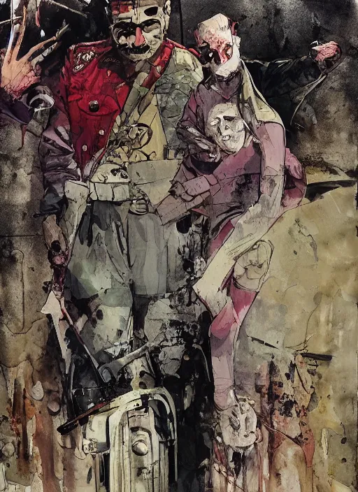 Prompt: Politicians hide themselves away, They only started the war, Why should they go out to fight, They leave that role to the poor, creepy, diabolical, dark, mystical, intrincate, maximalism, Illustration by Alex maleev, James Jean, Adrian Ghenie and Francis Bacon