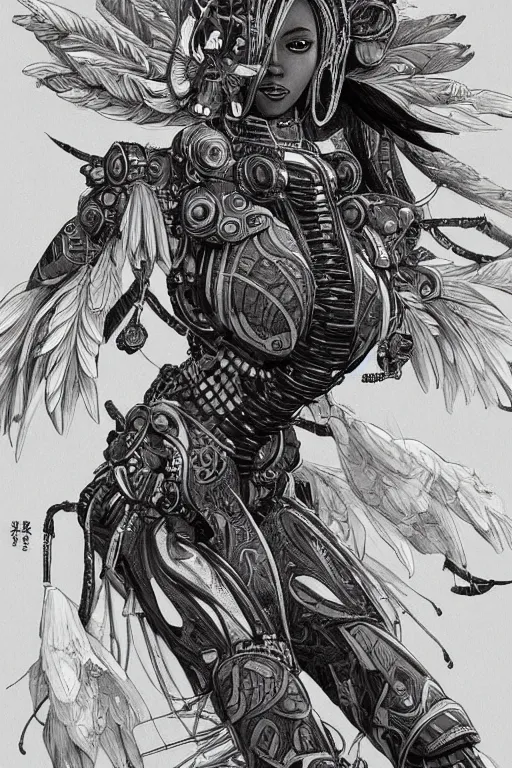 Prompt: full body illustration, mechanized african female, voluptuous harpy, highly detailed, sumi - e art, suiboku - ga ink, by kim jisu, pen and ink monochrome, mecha, deviantart, artstation, pinterest