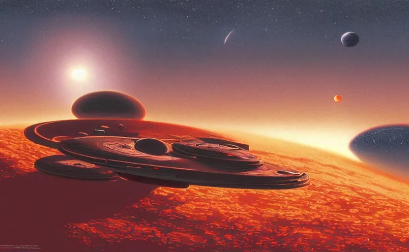 Prompt: a star trek ship in front of a red planet, a detailed matte painting by ralph mcquarrie, featured on cgsociety, space art, reimagined by industrial light and magic, concept art, sci - fi