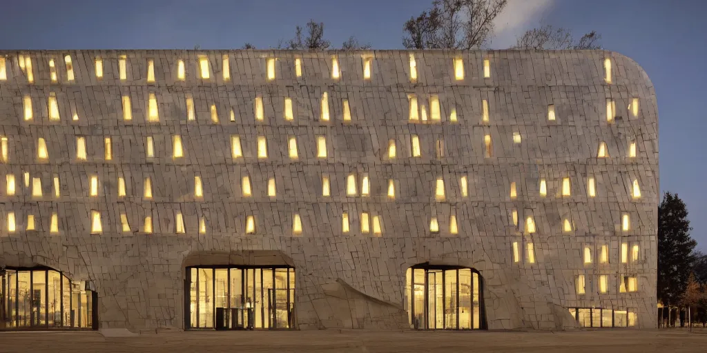 Prompt: wide angle photo of futurist building made from concrete relief with nickel chrome copper and gold trim inlay. inspired by a fast 1 9 2 0 locomotive. industrial revolution. late evening with reflective pool and glowing lights. bella hadid. highly reflective and shiny. frank loyde wright