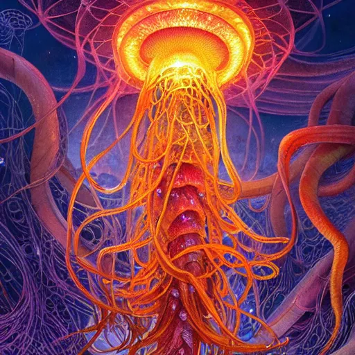 Prompt: a beautiful hyperrealistic ultradetailed watercolor art of gigantic glowing complex multi-layered intricate jellyfish creatures with long flowing tendrils, by Justin Gerard and Laurie Greasley and Peter Mohrbacher and Dan Mumford, tarot card art, detailed shading, vray octane, redshift. micro details, dramatic lighting, volumetric lighting, 8k