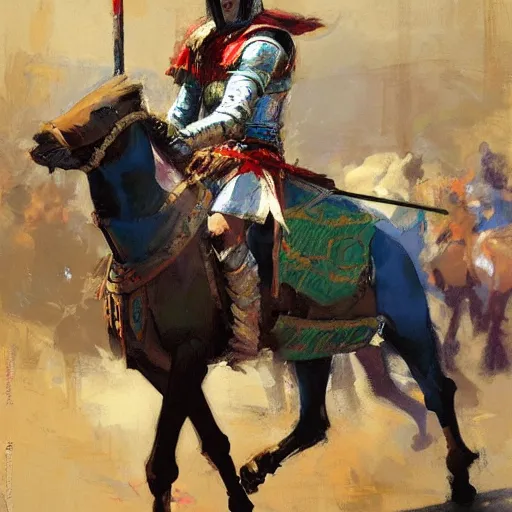Image similar to portrait of colorful rider holding jousting lance, caparisons, chainmail, by greg manchess, bernie fuchs, ruan jia, walter everett