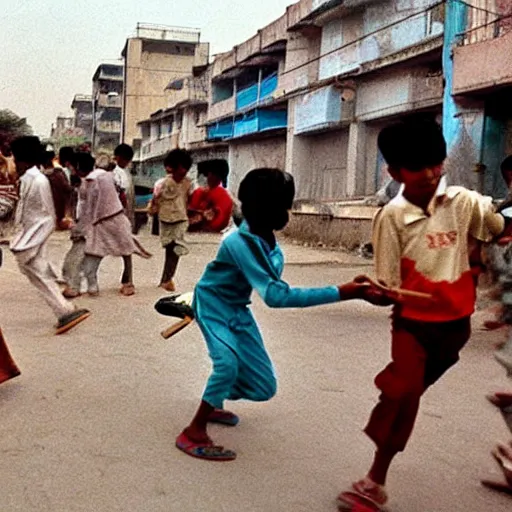 Prompt: kids in hyderabad, playing cricket on the street, early morning, photo from 1 9 9 0 s