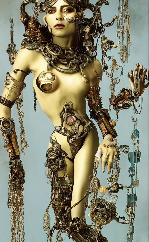 Image similar to a young beautiful latina metal and ceramic android with a large glowing green crystal in the center of her chest, full-body bronze cyberpunk style statue of Andromeda with glowing sapphire laser eyes, crown of mechanical chrysanthemums, flowing aqua silk, fabric, steampunk flowers. baroque elements, human skull. full-length view. baroque element. intricate artwork by caravaggio. many flying horses on background. Trending on artstation, octane render, cinematic lighting from the right, hyper realism, octane render, 8k, depth of field, 3D