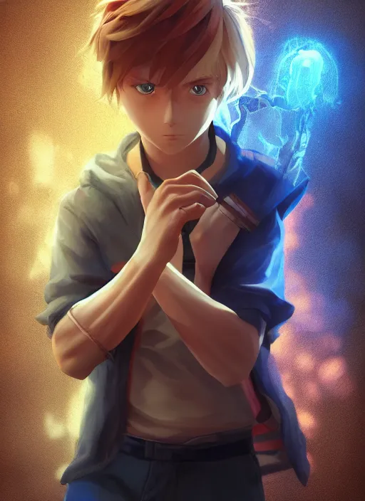 Image similar to An epic fantasy pokemon anime style portrait painting of a young blonde boy thief, unreal 5, DAZ, hyperrealistic, octane render, cosplay, RPG portrait, dynamic lighting