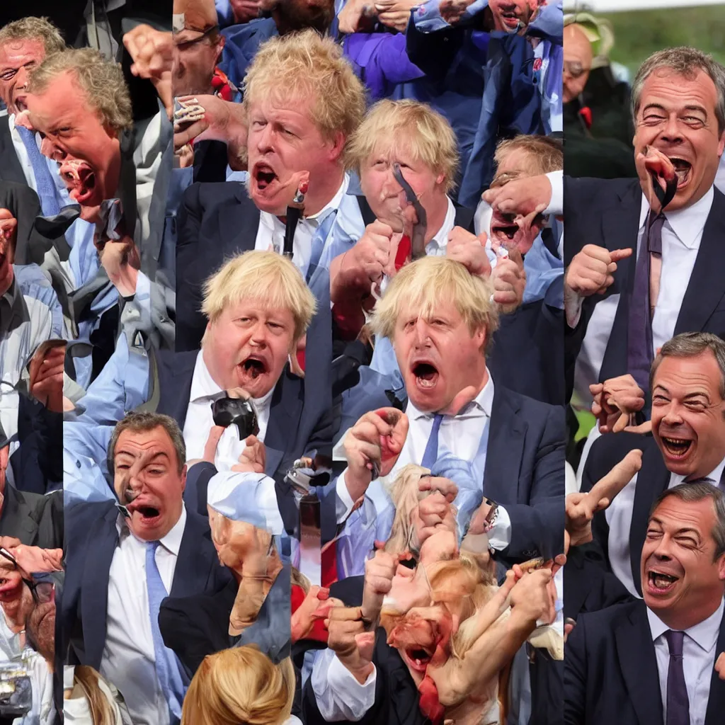 Image similar to jeremy clarkson shouting angry, nigel farage shouting angry, boris johnson shouting angry, all fighting over hot dogs