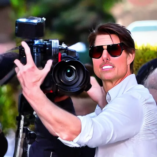 Image similar to paparazzi photo of tom cruise caught using a obviously fake mustache, wide angle, fisheye, uhd, 8 k, paparazzi, award winning