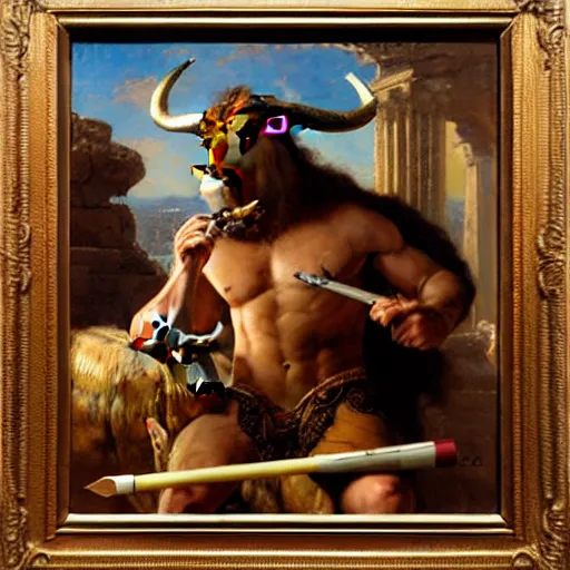 Image similar to a portrait of a minotaur smoking a joint. highly detailed painting by gaston bussiere, craig mullins, j. c. leyendecker, furry