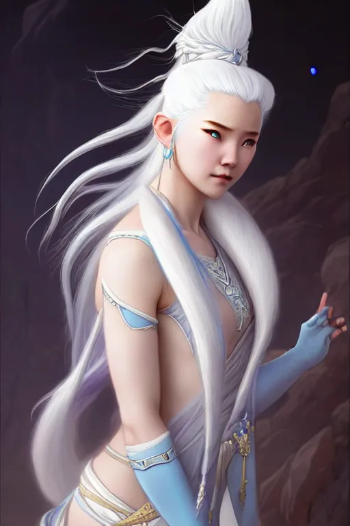 Prompt: Princess Yue with white hair from avatar the last airbender, fantasy, intricate, elegant, highly detailed, digital painting, artstation, concept art, matte, sharp focus, illustration, art by Artgerm and Greg Rutkowski and Alphonse Mucha