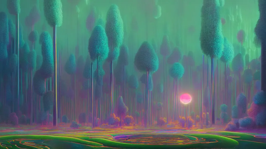 Prompt: highly detailed holographic iridescent glowing ethereal sci fi world with forests, deserts, oceans, at dusk, by gilbert williams, by simon stalenhag, by beeple, by bruce pennington, by moebius, octane render, with many different pastel shades of blue pink orange yellow green, beautiful volumetric lighting, prismatic fire