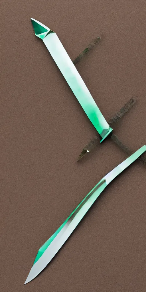 Image similar to photograph of a wide green and teal crystal double - edged sword blade attached to a big gold sword hilt