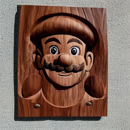 Image similar to abstract walnut wood carving of mario. Intricate details, hand carved, warm tones