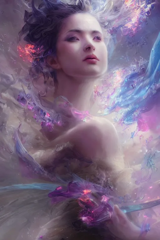 Prompt: face closeup of beautiful woman necromancer, magical fairy exploding into flowers and ice, angels, 3 d render, hyper - realistic detailed portrait, holding fire and electricity rainbow, ruan jia, wlop. scifi, fantasy, magic the gathering, hyper detailed, octane render, concept art, peter mohrbacher