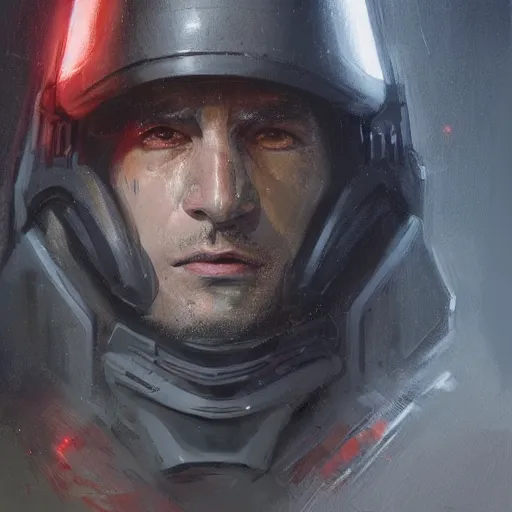 Prompt: portrait of a man by greg rutkowski, a soldier of the galactic federation wearing a gray and red tactical gear, star wars expanded universe, highly detailed portrait, digital painting, artstation, concept art, smooth, sharp foccus ilustration, artstation hq